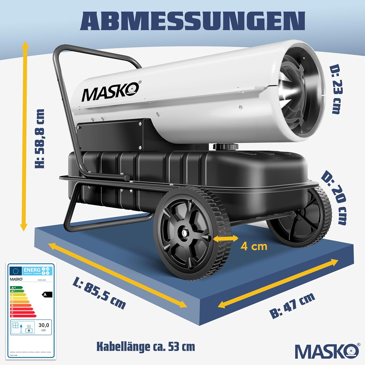 MASKO® Heizkanone 30kW Diesel Bautrockner Bauheizer Heißluftgenerator Heizgebläse 38L Tank mit Thermostat Ölheizer Luftstrom 750m³/h/Stunde Ölbeheizung Heizlüfter Heizstrahler Weiß