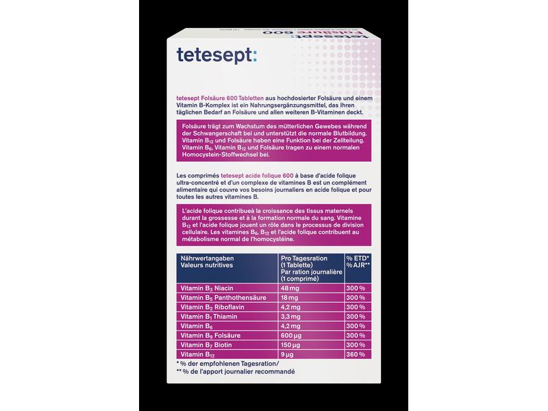 tetesept Folsäure 600 32 Tabletten Vegane Nahrungsergänzung mit Folsäure und Vitamin B-Komplex
