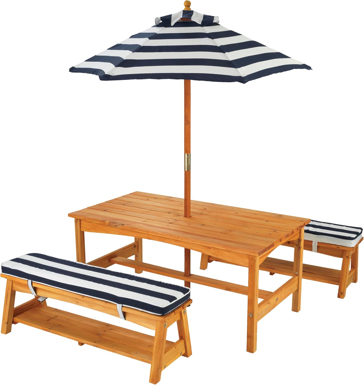 KidKraft Gartentisch mit Bank, Kissen und Sonnenschirm für Kinder, Outdoor Gartenmöbel aus Holz für Kinder, Marineblau-Weiß gestreift, 106