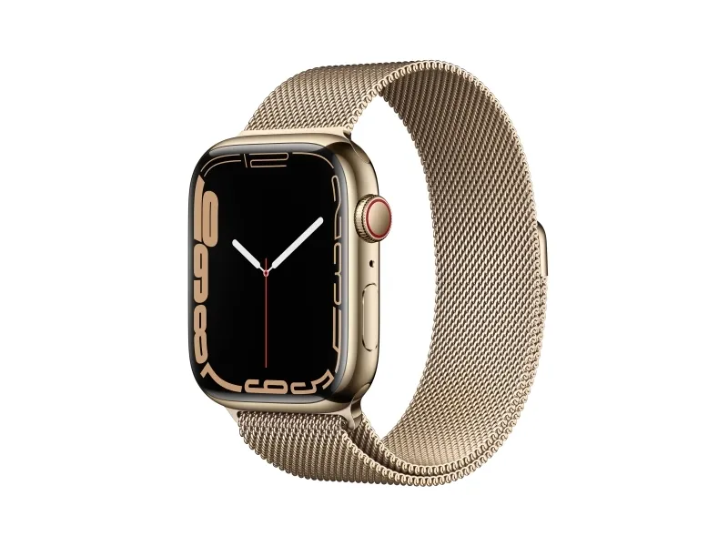 [OUTLET] - Apple Watch Series 7 (GPS   Cellular) - 45 mm - guld rustfrit stål - smart ur med milanesisk løkke - rustfrit stål - guld - håndledsstørrelse: 150-200 mm - 32 GB - Wi-Fi, Bluetooth - 4G - 51.5 g