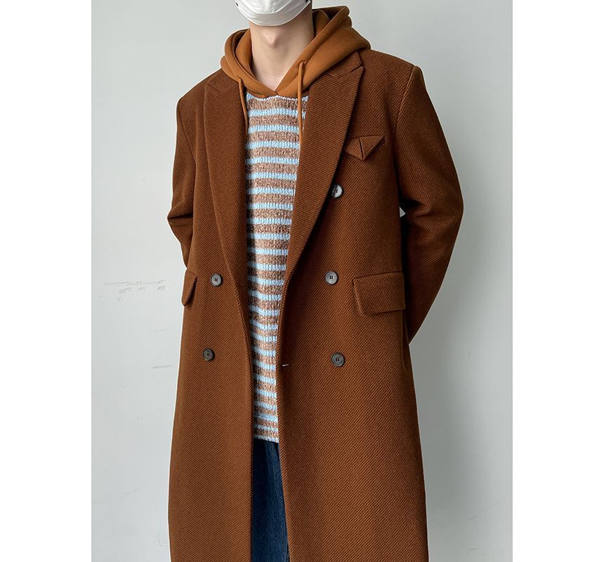 Freehop - Peak Lapel Plain Midi Double-Breasted Coat