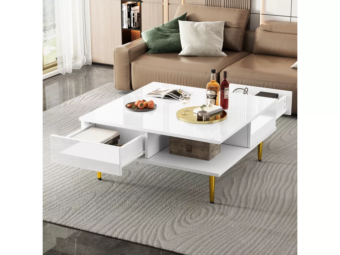 Table basse carrée avec 2 tiroirs et 2 compartiments ouverts - 70 x 70 x 36 cm - Pieds dorés - Blanc brillant
