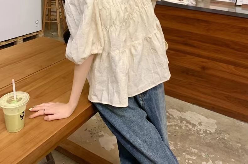 Inchioh - Blouse met pofmouwen en ronde hals, effen en gerimpeld