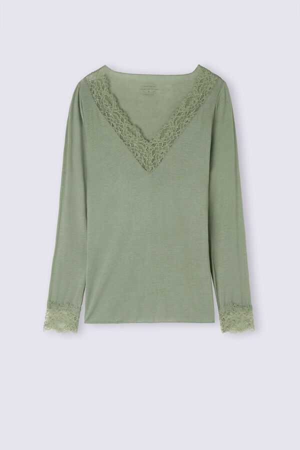 Camiseta de manga comprida em renda, modal e cashmere ultraleve.