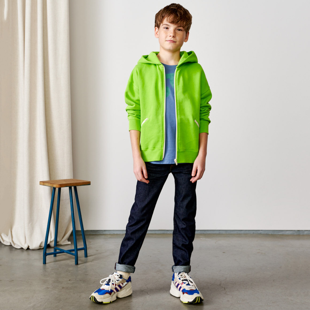 Bellerose Sweat zippé à capuche 100% Coton biologique Famu vert acide