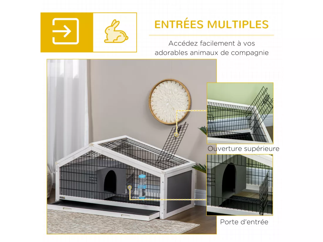 Clapier cage à lapin - niche, plateau déjection, porte et toit ouvrant verrouillables, abreuvoir - acier noir sapin gris blanc