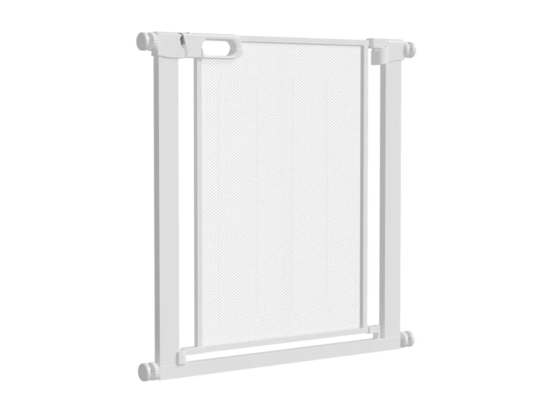 Barrière de sécurité animaux - longueur réglable dim. 75-82 cm - porte double verrouillage, ouverture double sens -sans perçage - acier ABS blanc