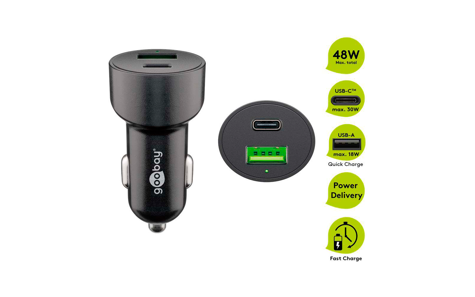 Goobay KFZ USB 2 Port 48W USB-C PD + QC3.0 sw PL Dual-USB Auto Schnellladegerät USB-C