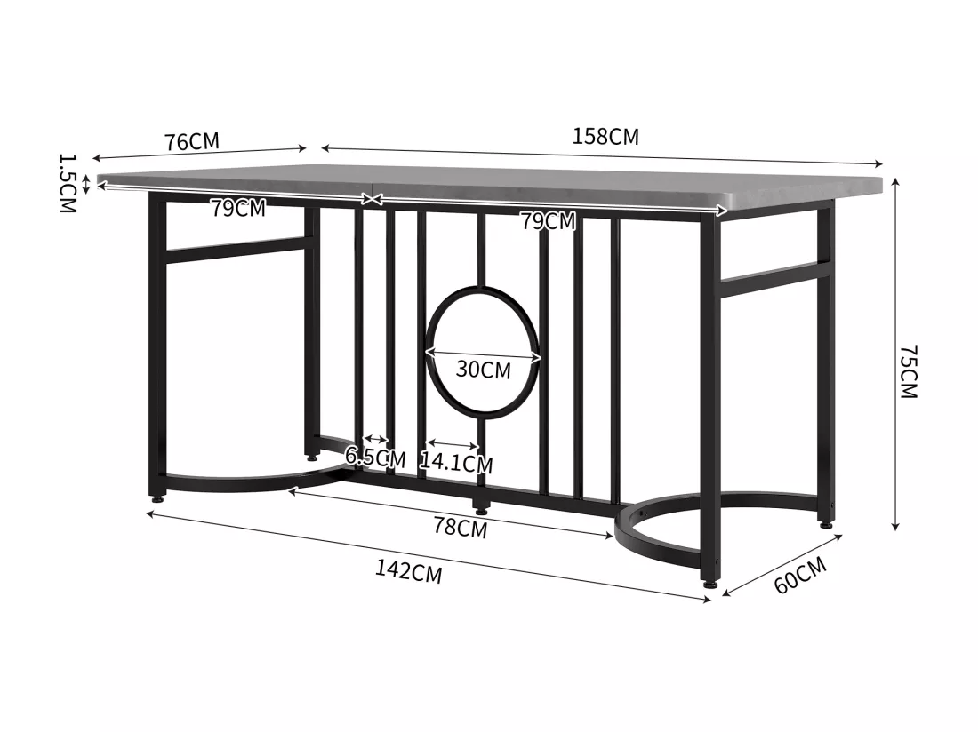 Table de salle à manger moderne et minimaliste, 158 x 76 x 75 cm, facile à installer, non pliable, pieds en métal noir (aspect béton)
