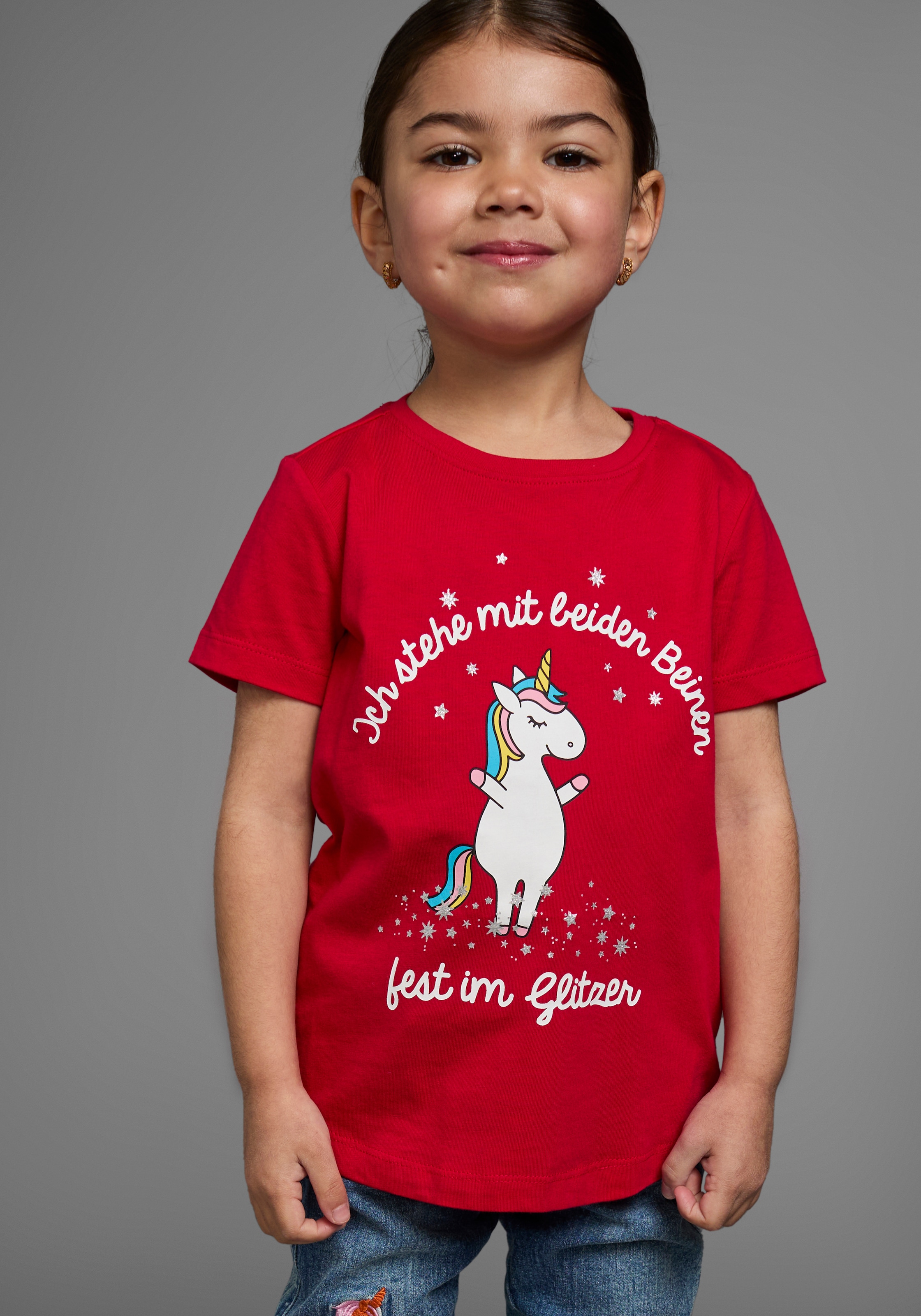 KIDSWORLD T-Shirt »Mit Einhorn-Druck und Glitzereffekten«, mit stylischem Einhorn-Print