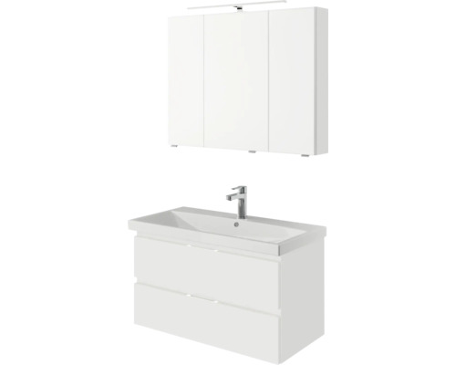 3-delige badkamermeubelset Pelipal serie 4035 BxHxD 90 x 200 x 45 cm, witte fronten, met witte keramische wastafel en keramische spoelbak, badmeubel, spiegelkast met LED-verlichting 40350900121150
