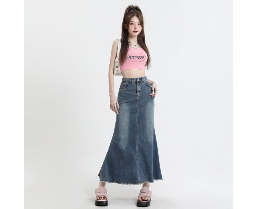Denimot - Denim maxi-rok met hoge taille en franjes aan de zoom