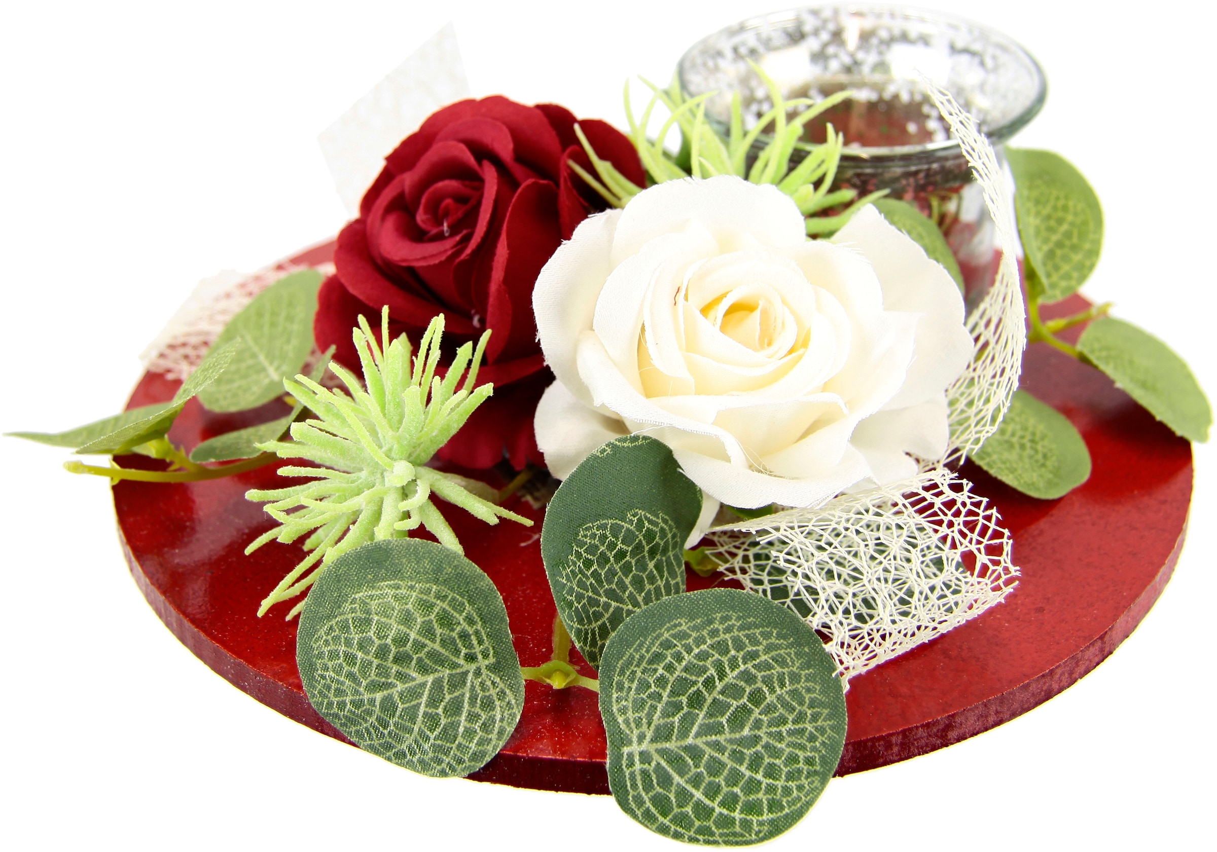I.GE.A. Teelichthalter »Mit Glaseinsatz und Teelichtkerze, künstlichen Rosen Eukalyptus« Kerzenständer Kerzenhalter Tischdeko Kerzen Muttertag Valentinstag