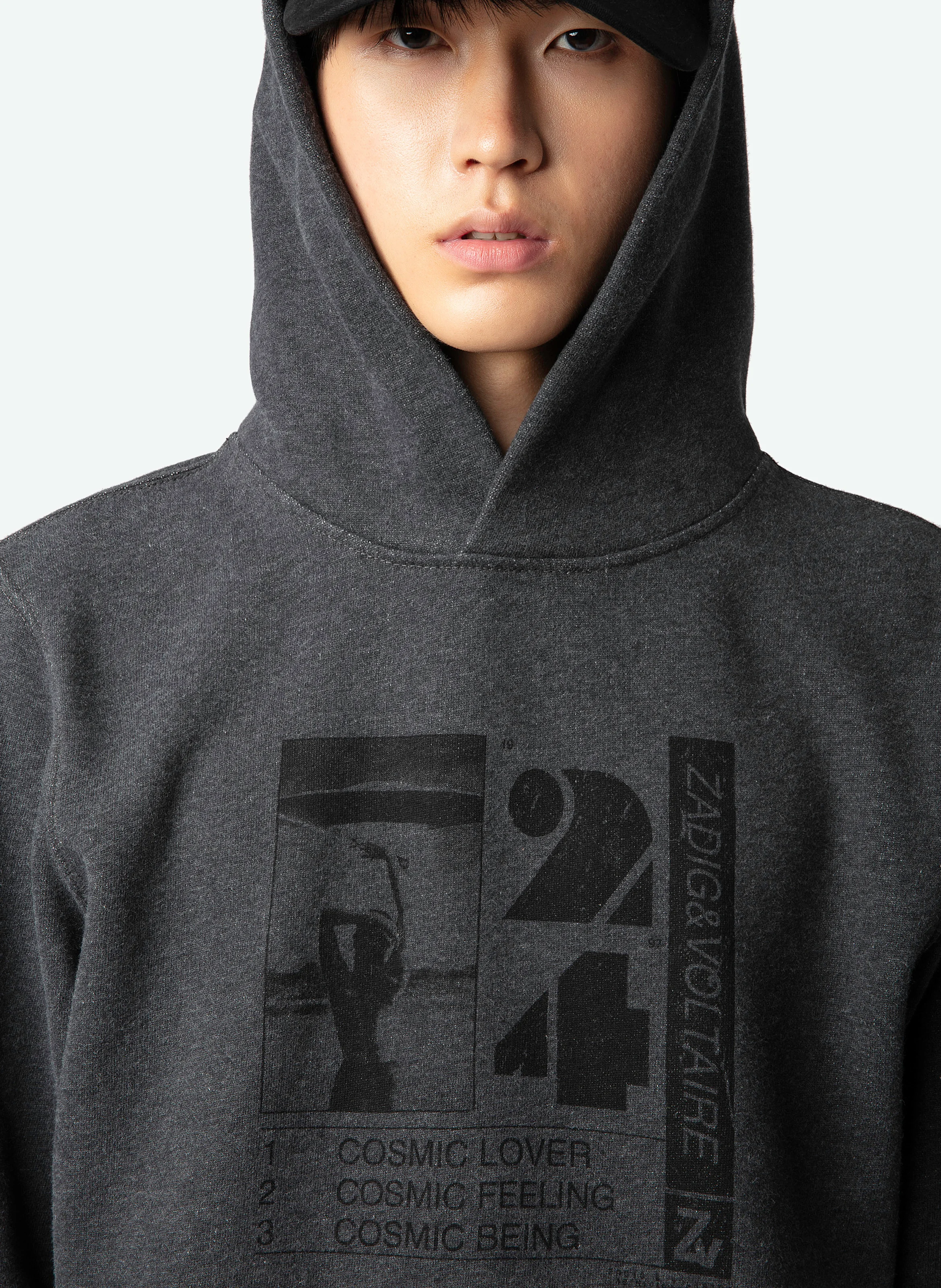 SANCHI - Sweat à capuche droit en coton bio mélangé sérigraphié | Gris
