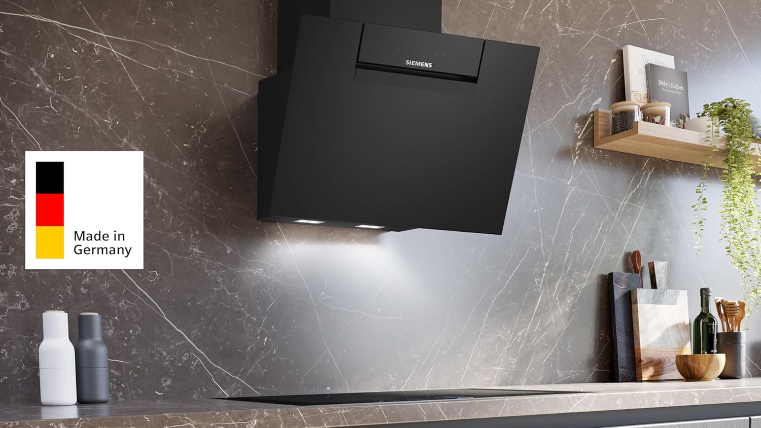 Siemens LC67KFN60, iQ300 Smarte Dunstabzugshaube, 60 cm breit, Wandmontierte Kopffreihaube, Made in Germany, Abluft-Umluft, Besonders leise, Touch- oder Kochfeld-Steuerung, LED-Beleuchtung, Schwarz