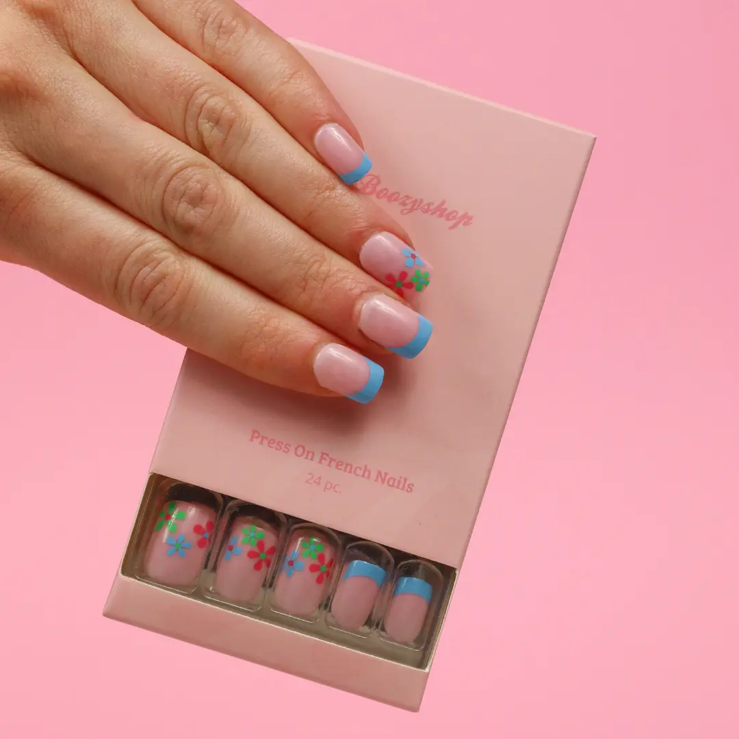Press On French Nails Flowers Multicolor