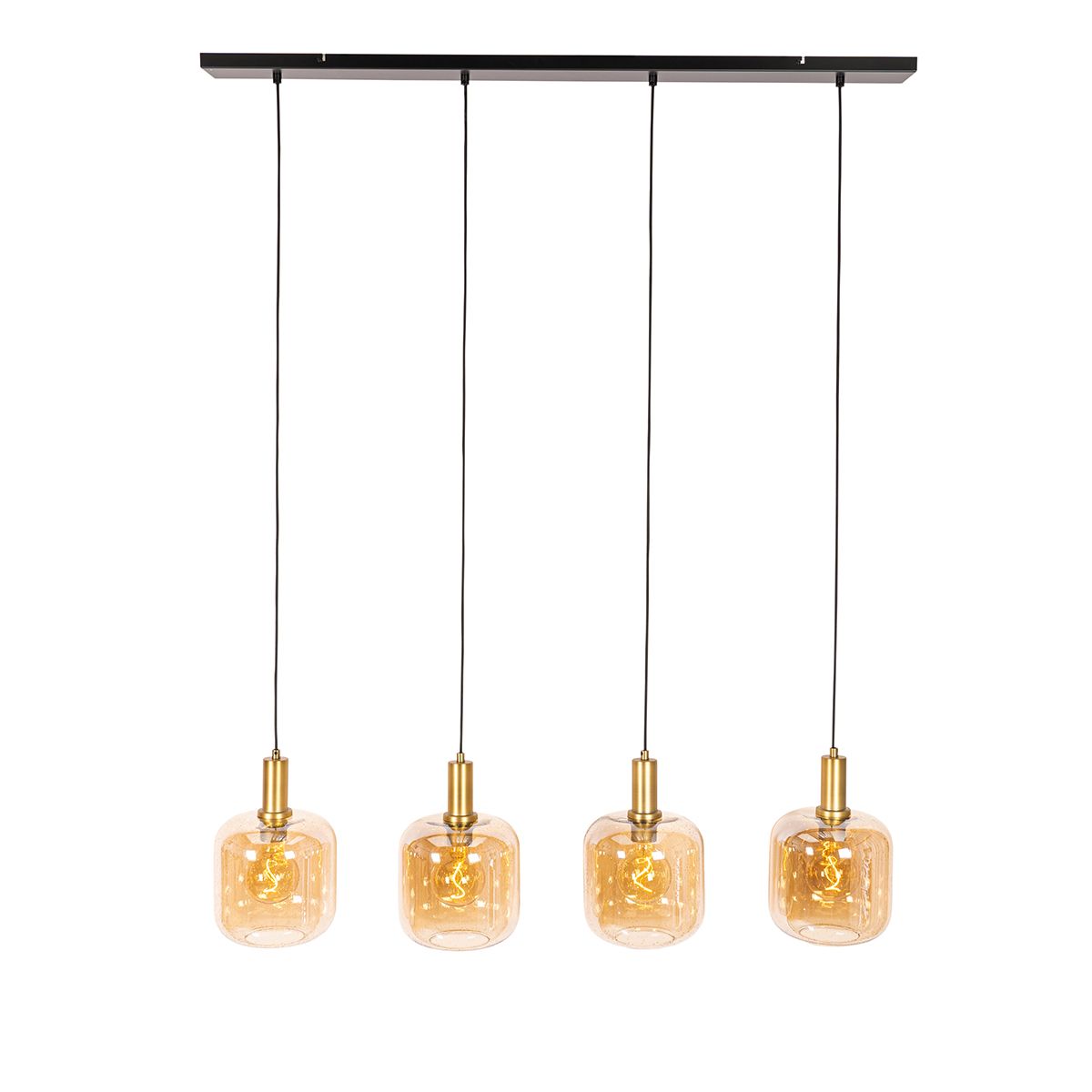 Smart hanglamp zwart met messing en amber glas 4-lichts incl. 4 Wifi G95 - Zuzanna