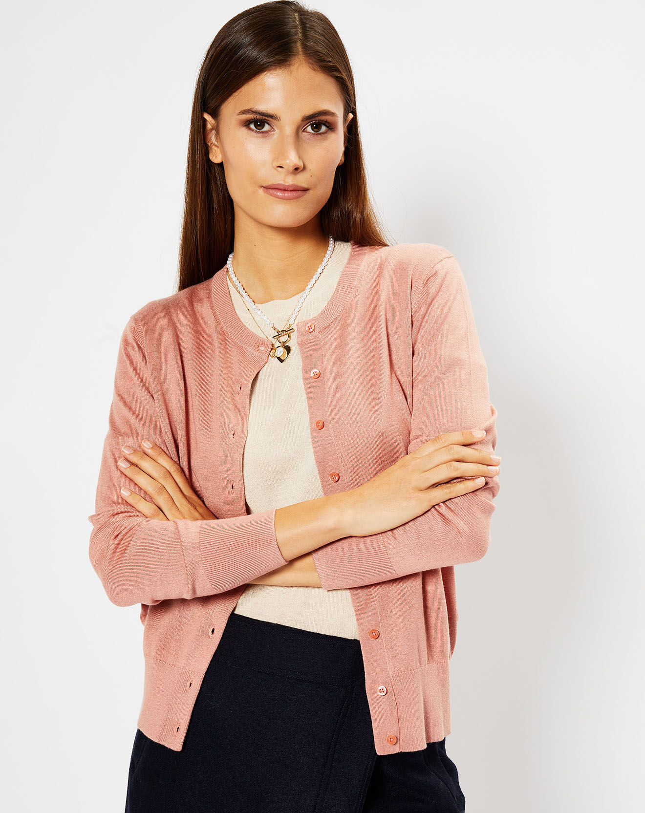 Galeries Lafayette Cardigan en Soie & Cachemire Facaosilk col rond rose