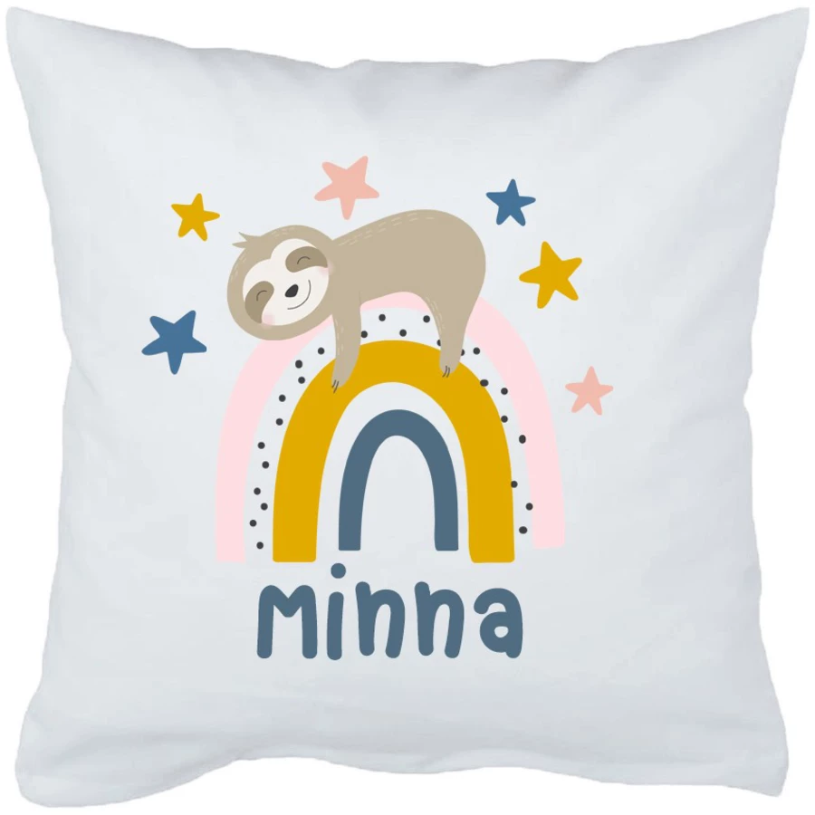 Schnullireich Babykissen mit Namen Rainbow Faultier Weiß
