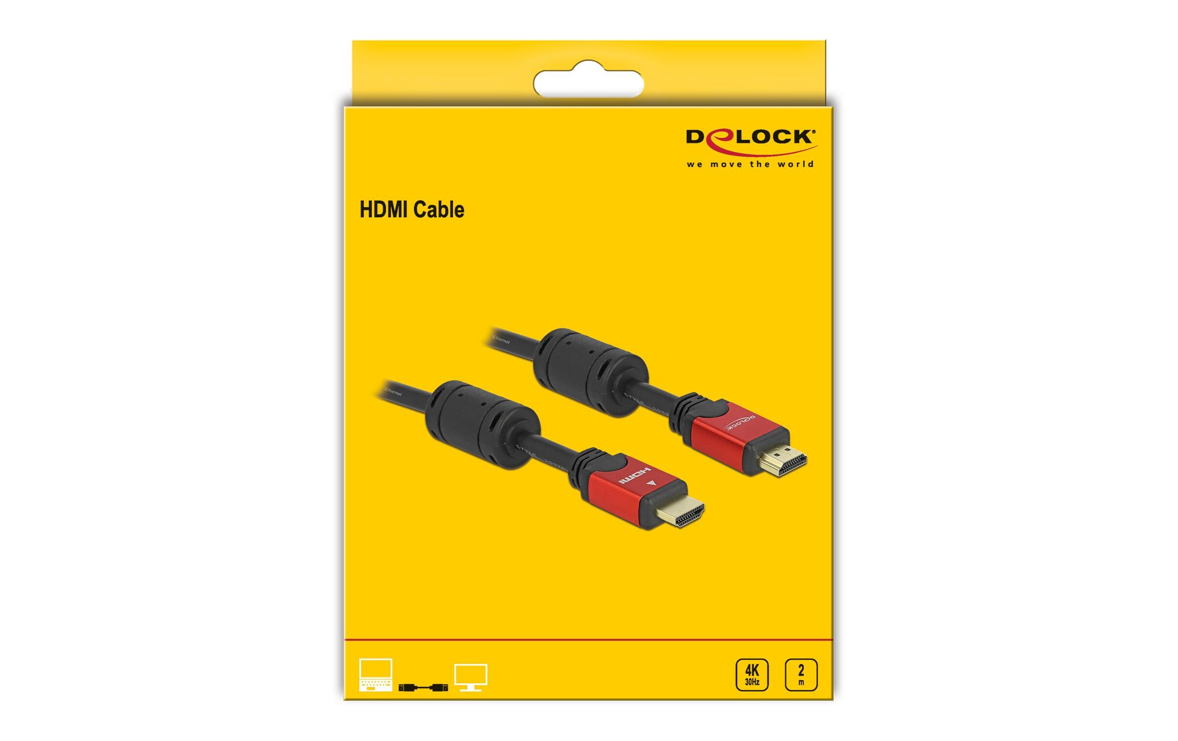 Kabel 4K 30Hz HDMI - HDMI, 2 m, Rot/SchwarzDelock HDMI Kabel 4K 30 Hz 2 m