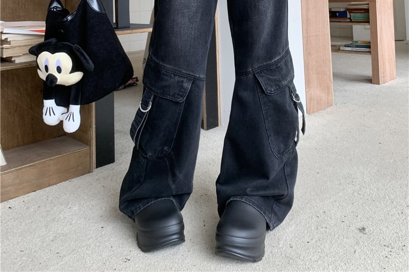 scenesweet - Mid Rise Washed Flared Cargo Jeans