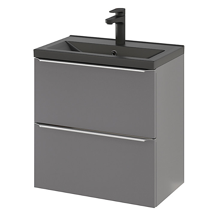 Ensemble salle de bains l.60 cm meuble à suspendre faible profondeur Imandra gris brillant + plan vasque céramique noir