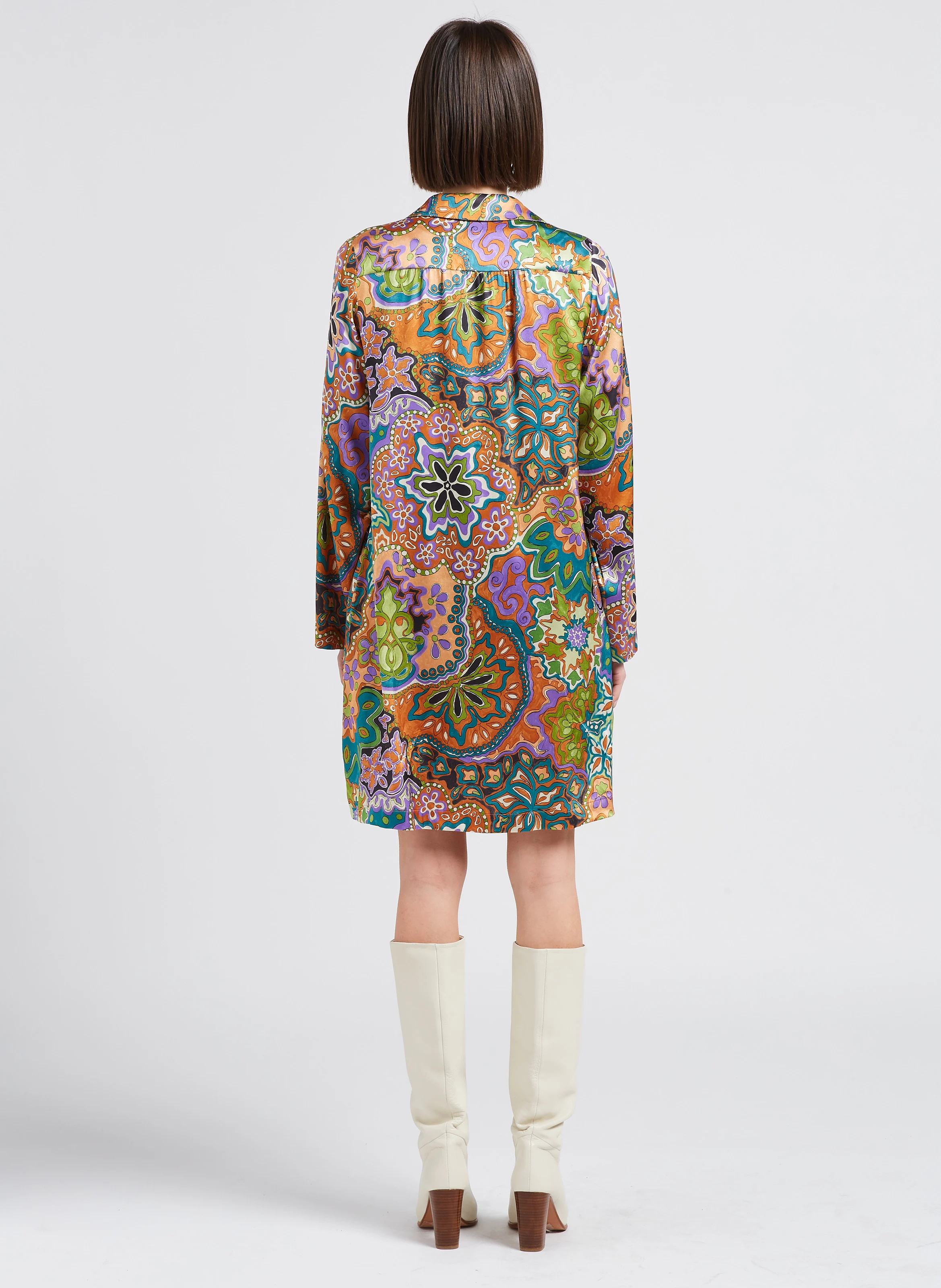 EDMONDE - Robe courte col classique imprimée en soie mélangée| Multicolore