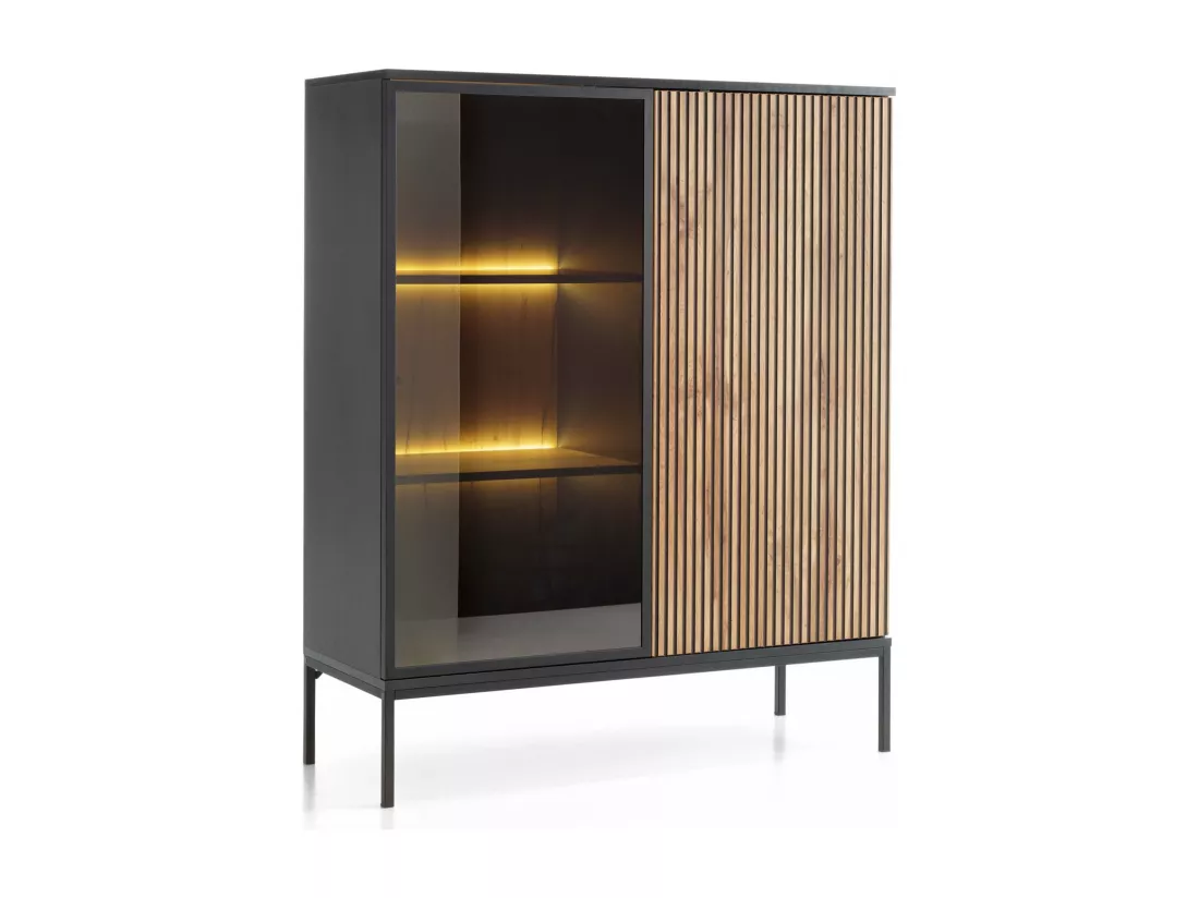 Vitrine - 2 portes avec éclairage LED - Noir/Chêne Wotan - TOSENA