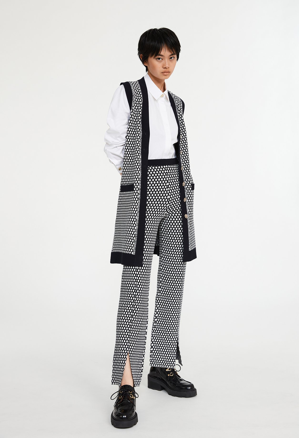 Pantalon maille &agrave; motifs graphiques