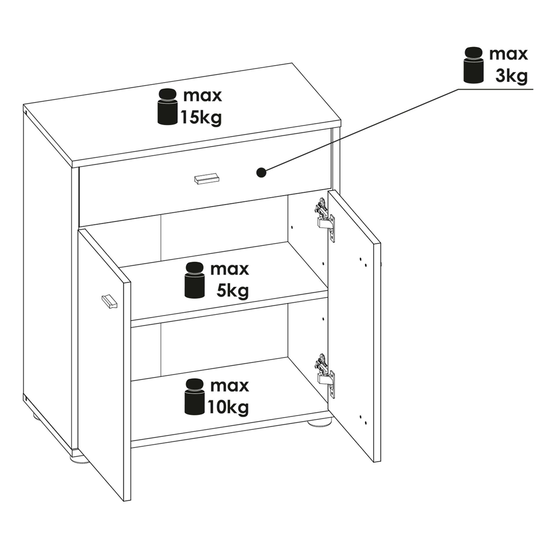 Kommode - Perlweiß - Türen und Schubkasten - 60 cm breit