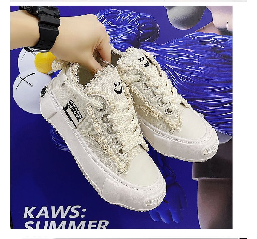 Tanzanite - Canvas platform sneakers met vetersluiting en gerafelde afwerking