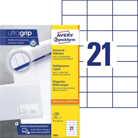 Avery Zweckform 3652 Universal-Etiketten,A4 mit ultragrip,Adressaufkleber 70 x 42,3 mm, 100 Bogen/2.100 Etiketten, weiß