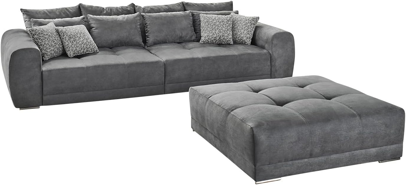 Big Sofa XXL B306/T134/H86 cm, bequeme Lounge Couch mit hochwertiger Federkernpolsterung, viele Kissen, Liegefläche 120 cm x 240 cm, angenehmer Mikrofaserstoff-Bezug in Grau / 15114