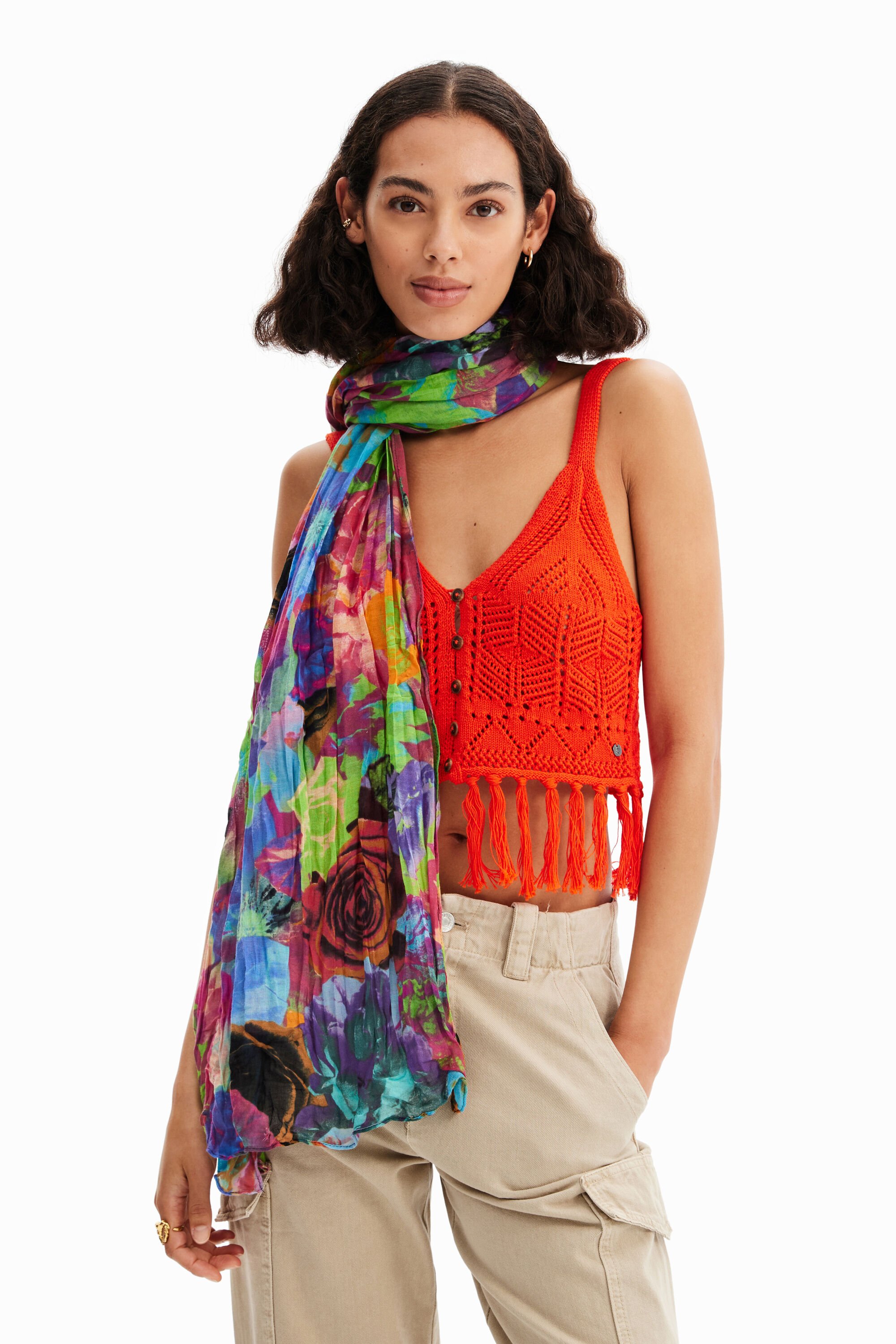 Foulard rectangulaire froissé fleurs