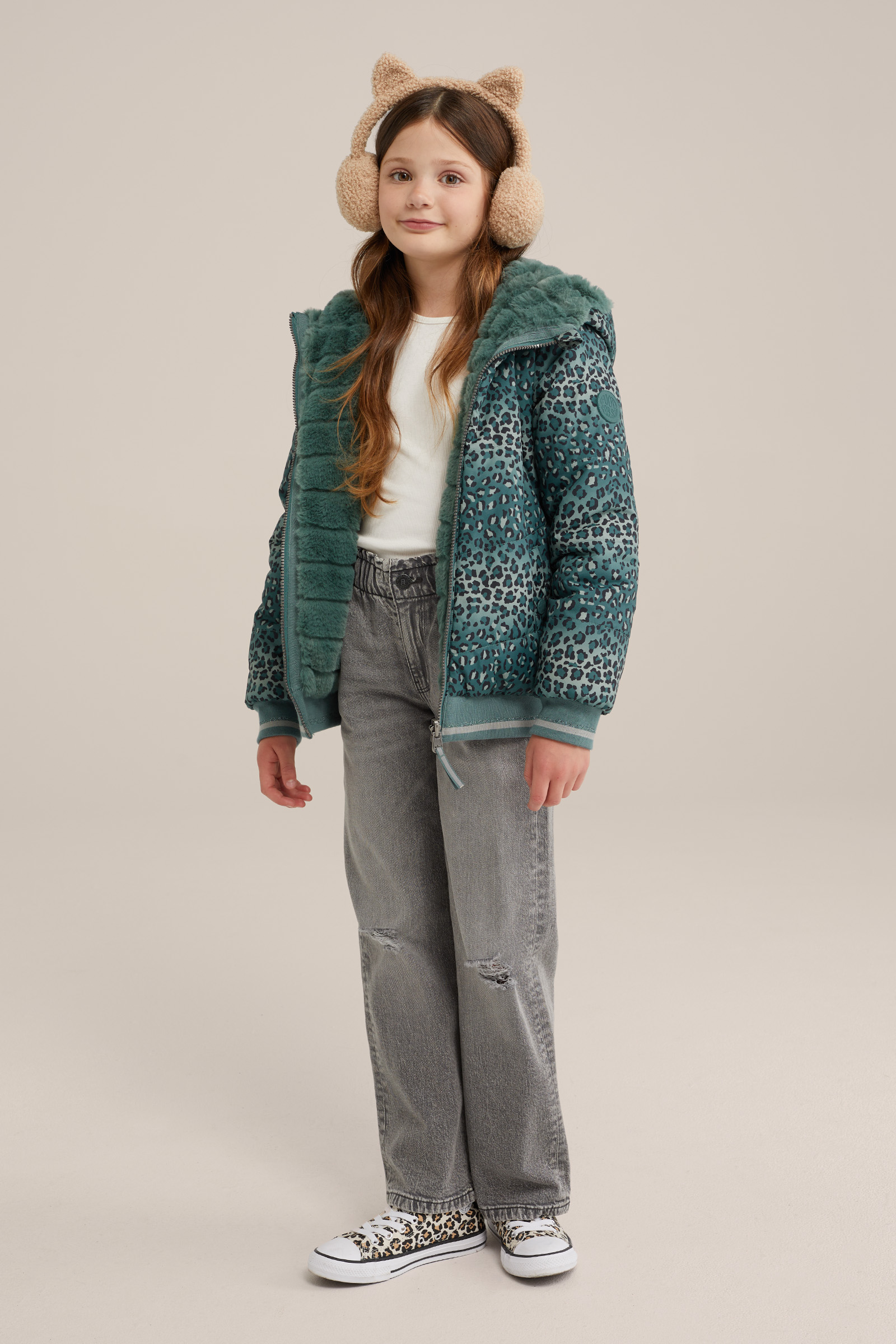Meisjes reversible jas met imitatiebont en dessin WE Fashion Groenblauw