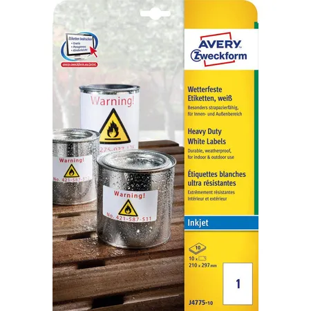 Avery Zweckform J4775-10 Wetterfeste Folien-Etiketten, 210 x 297 mm, 10 Bogen/10 Etiketten, weiß