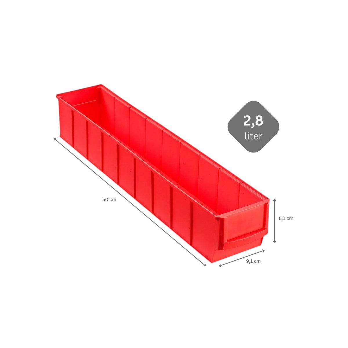 PROREGAL Rode Industriële Box 500 S HxBxD 8,1 x 9,1 x 50 cm 2,8 Liter Opbergdoos Assortimentsdoos Kleine Onderdelendoos