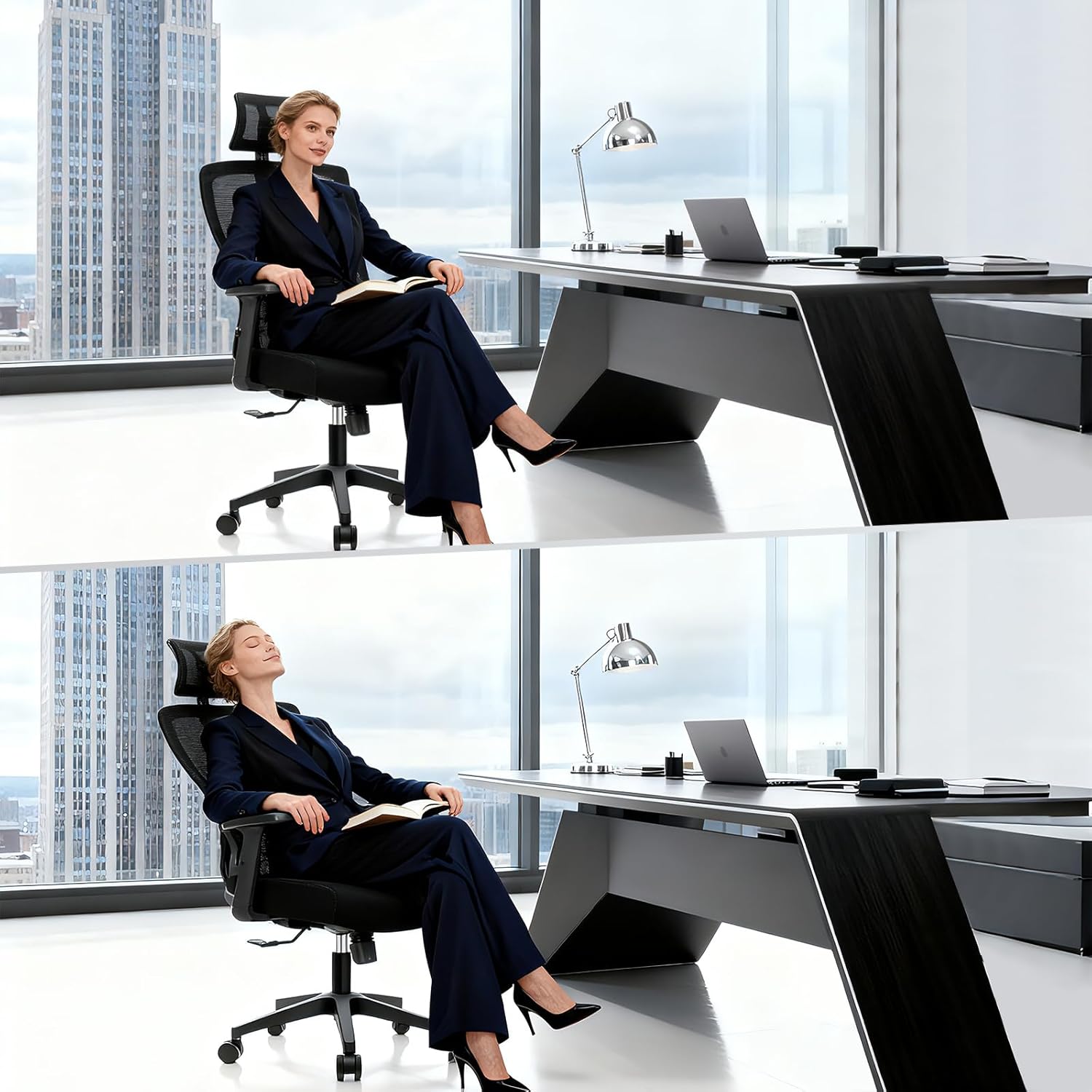 Ergonomischer Bürostuhl, Schreibtischstuhl Höhenverstellbar, Drehstuhl mit Verstellbarer Lendenwirbelstütze und Kopfstütze, 90°-130°Liegefunktion, Bürostuhl bis 150 kg Belastbar, Schwarz