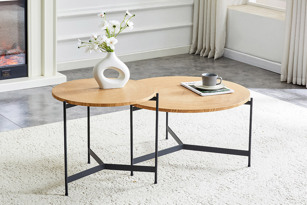 Runder Couchtisch FUSION 50cm natur Eichenholz schwarzes Metallgestell Beistelltisch
