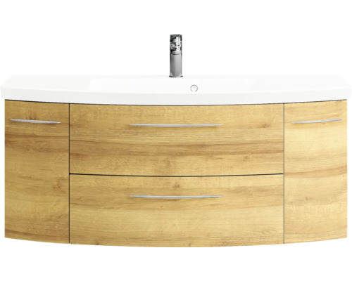 Pelipal Sunline 104 badkamermeubelset (B x H x D 181 x 200 x 50,5 cm), frontkleur: Riviera eiken, 5-delige set bestaande uit een wastafel in wit mineraalglas, een badmeubel en een spiegelkast met LED-verlichting.