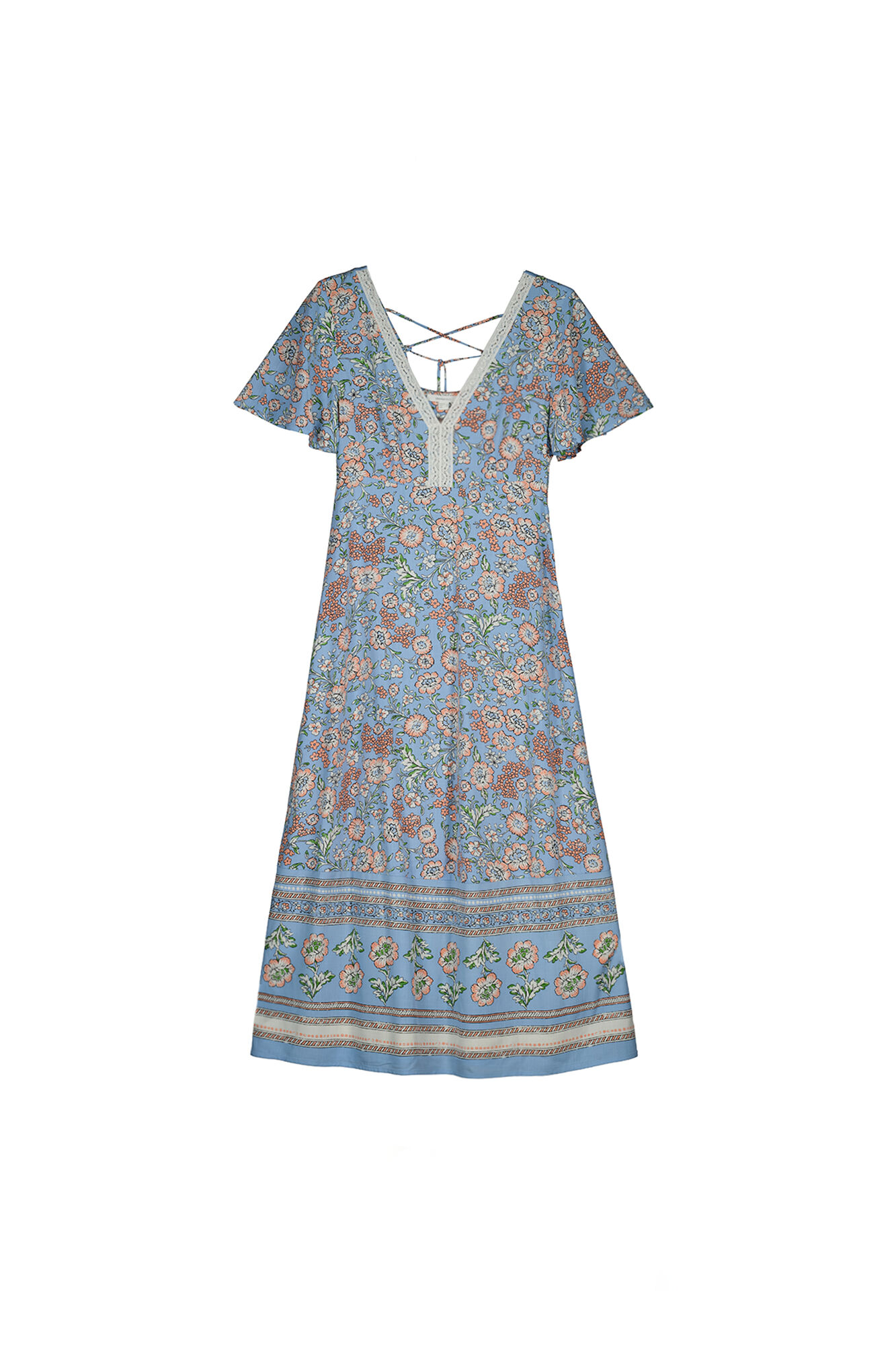 Vestido midi com laço nas costas - Estampa turquesa