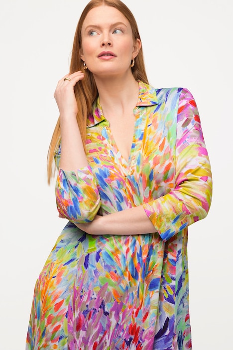 Slinky-Midikleid, Hemdkragen, V-Ausschnitt, 3/4-Arm