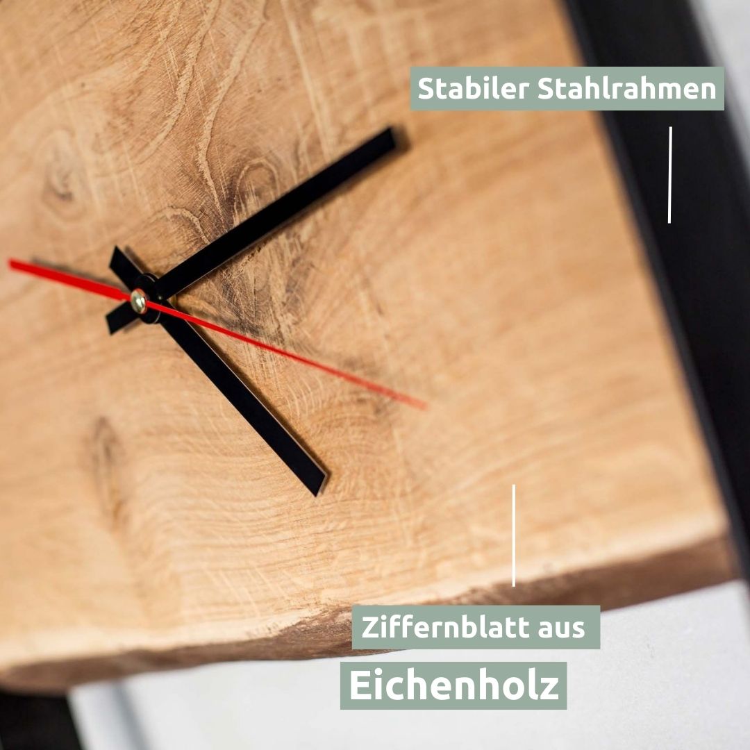 holz4home® Quadratische Wanduhr mit Stahlrahmen aus massiver Eiche von holz4home® | ohne Nuten