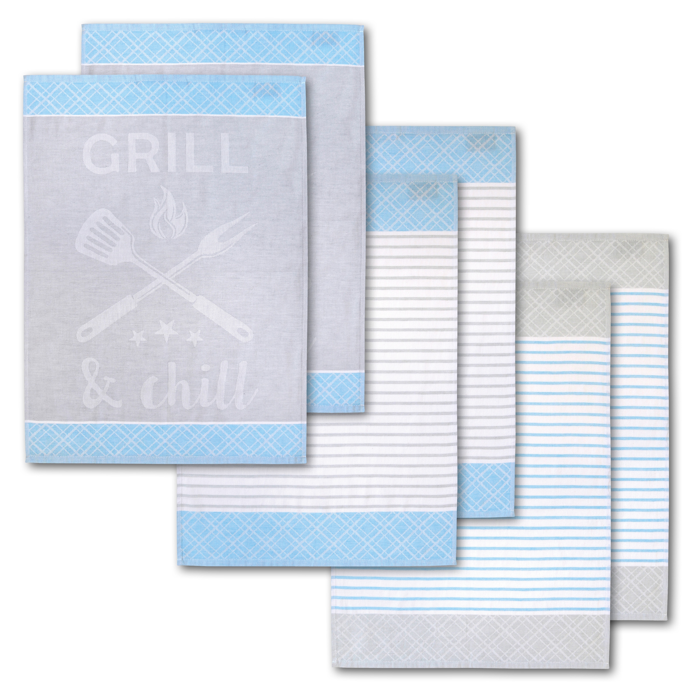 Dyckhoff Geschirrtuch »Grill & Chill, mit 3 verschiedenen Motiven, Masse je Tuch ca. 50x70 cm« aus 100% Baumwolle, mit Grillbesteck-Motiv und Schriftzug