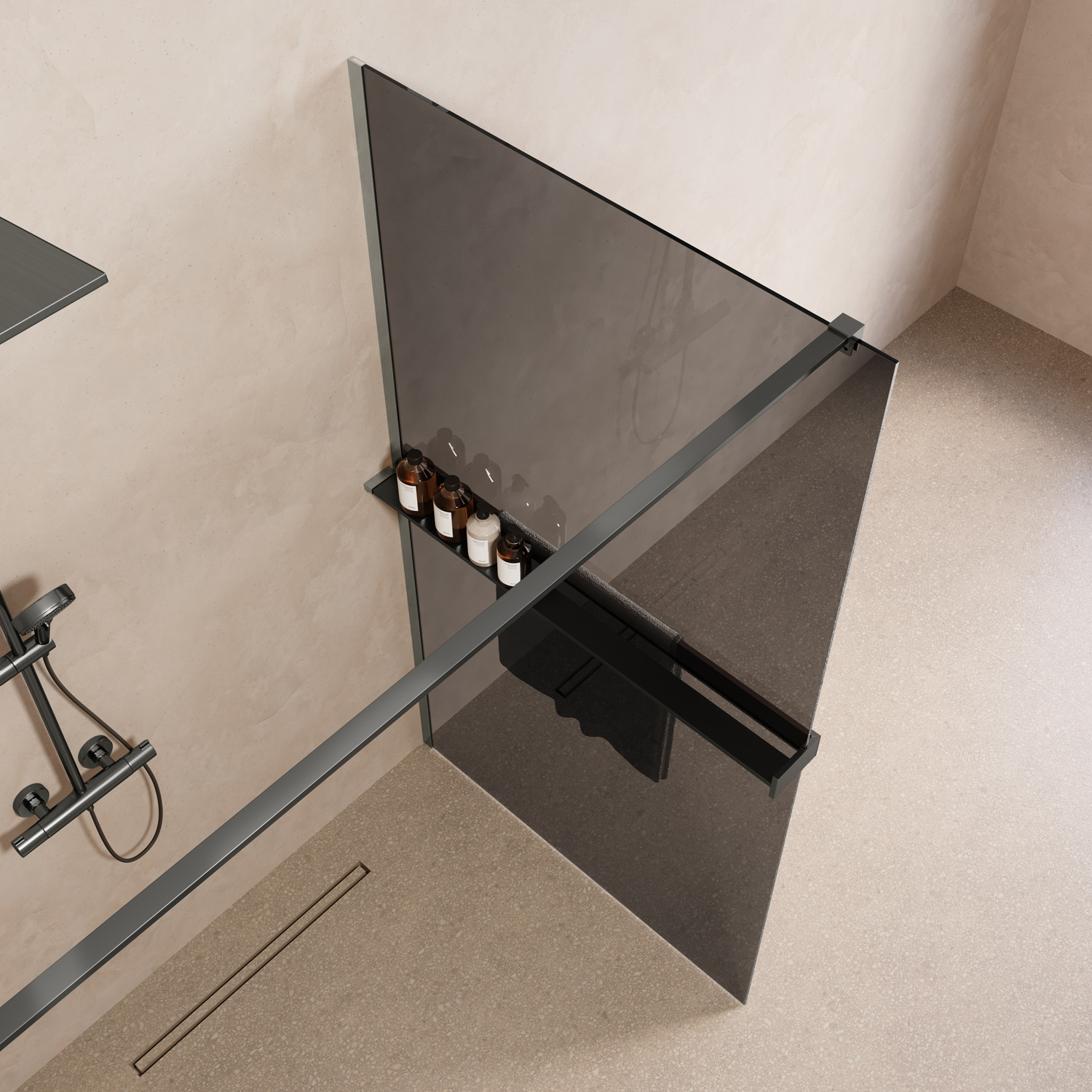 Saniclear Metric inloopdouche 100cm met handdoekhouder en rookglas verouderd ijzer - gunmetal