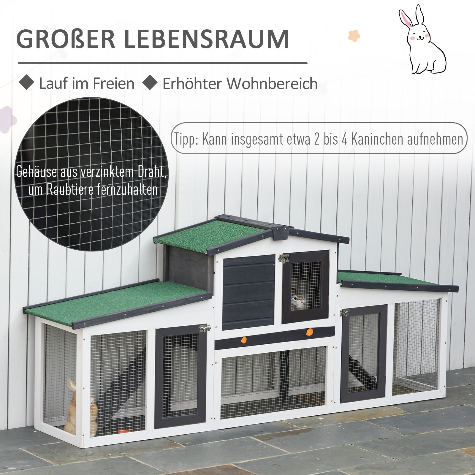 PawHut Zwergkaninchenkäfig mit Auslaufgehege duneklgrau, weiß 204 x 45 x 80 cm (BxTxH)