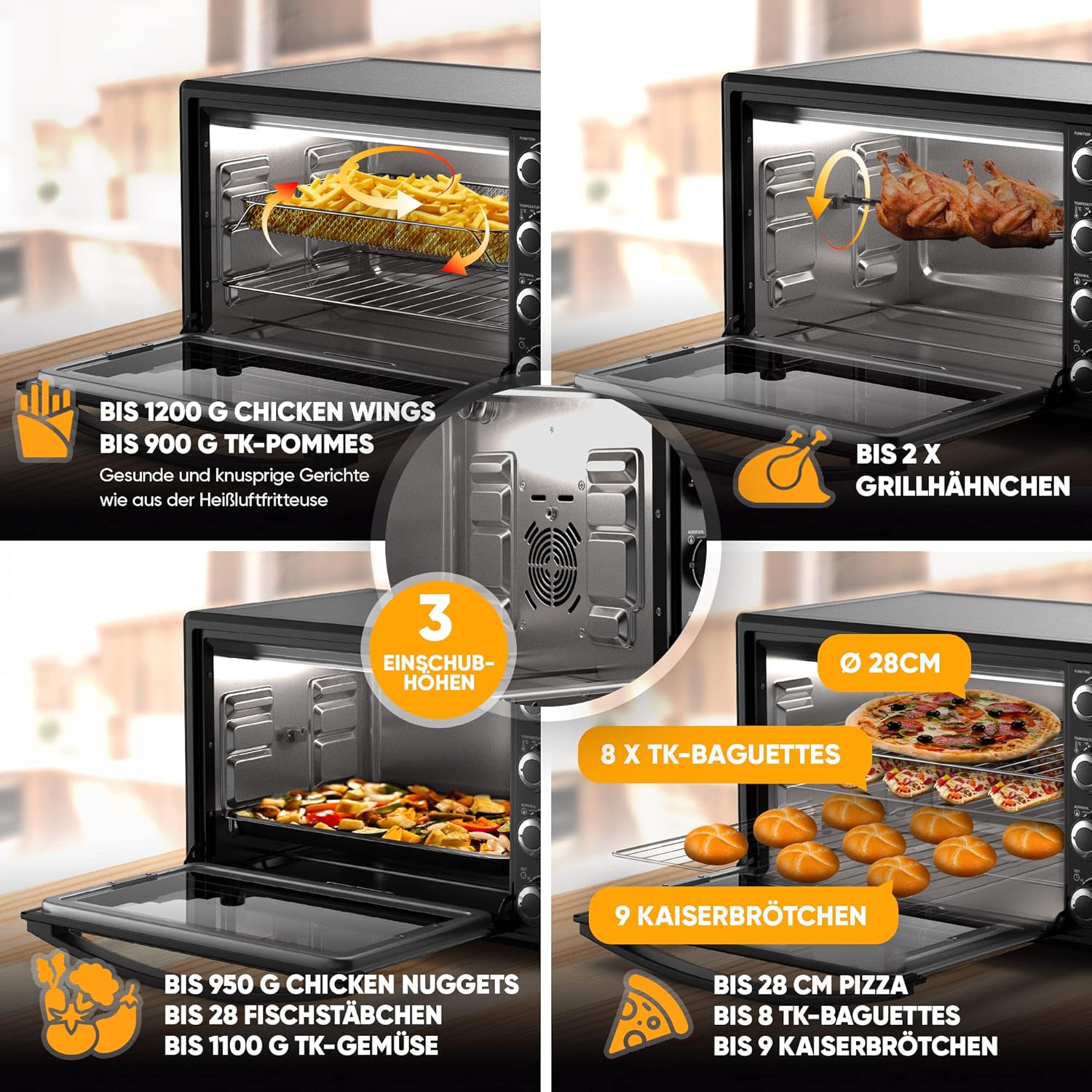 Stillstern Minibackofen mit Umluft 35L (DE Version) Pizza Ø28, CYCLONE PRO+ Antihaftbeschichtung, Auftauen, 2h Timer, Camping Mini Backofen Umluft Pizzaofen Mini Ofen klein Hähnchengrill mit Drehspieß