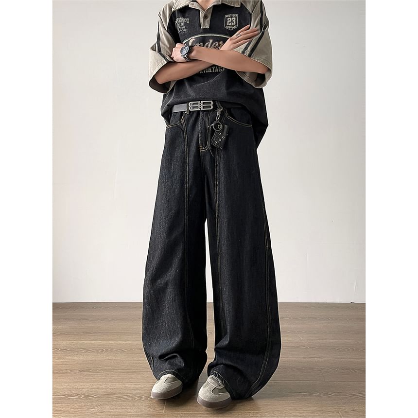 Filmas - Mid Rise Contrast Stitched Washed Wide Leg Jeans