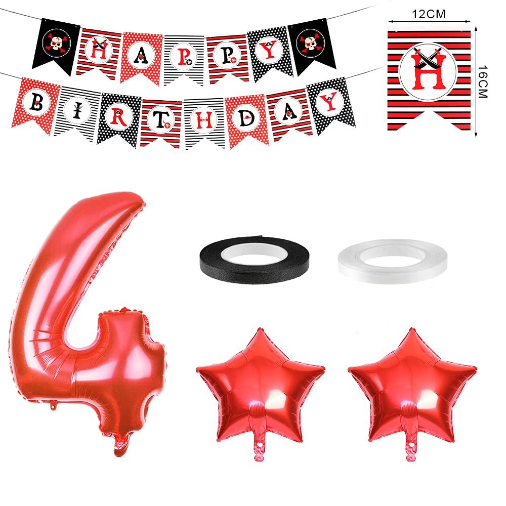 (36-tlg. Set) Zahlen Ballon Kinder Geburtstags Party Folienballon inkl. Latex Luftballon   Happy Birthday Girlande - Zahl 4 / Pirat