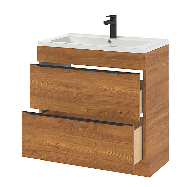 Ensemble salle de bains l.80 cm meuble à poser Imandra décor noyer + plan vasque céramique blanc